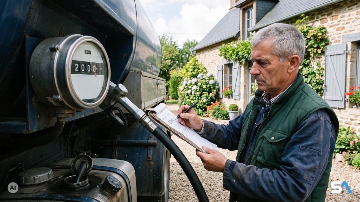 Un homme de 66 ans note le compteur du camion-citerne pendant la livraison de fioul - Illustration générée par IA