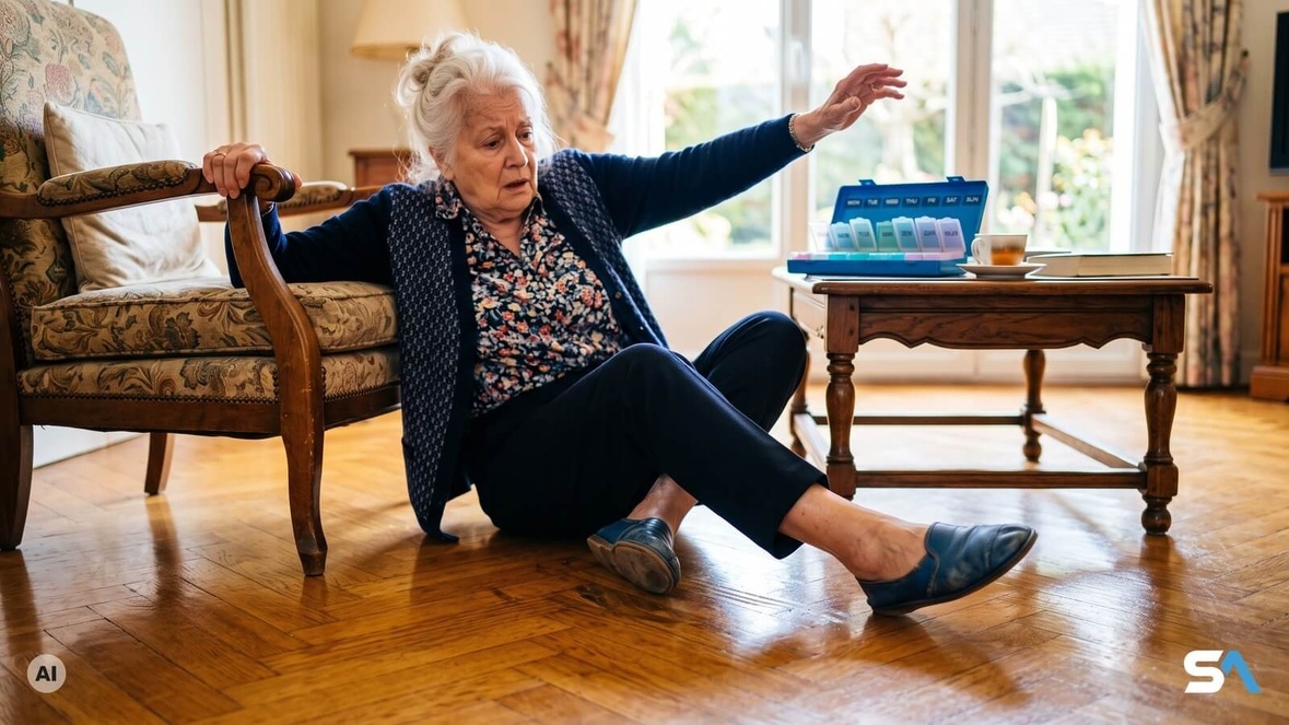 Une femme âgée perd l'équilibre en se relevant de son fauteuil - Illustration générée par IA