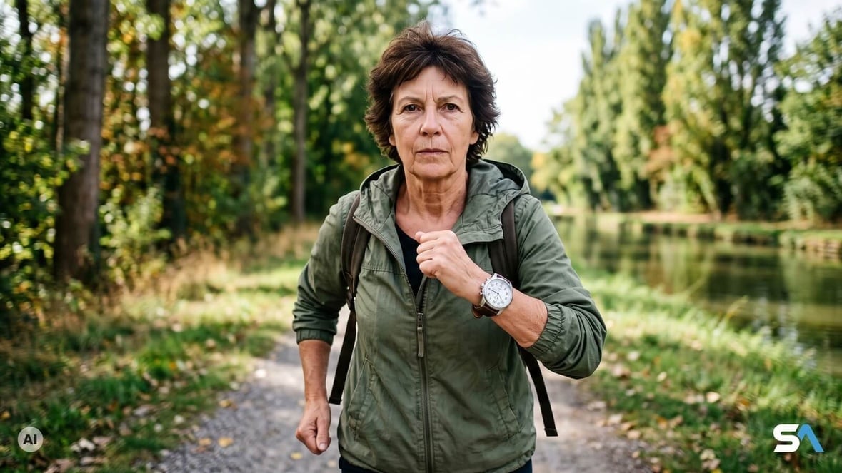 Une femme senior marche d'un bon pas, montre bien visible au poignet - Illustration générée par IA Une femme senior marche d'un bon pas, montre bien visible au poignet - Illustration générée par IA