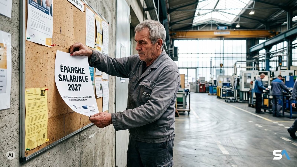 Un salarié senior décroche l'affiche d'épargne salariale du panneau d'une usine - Illustration générée par IA