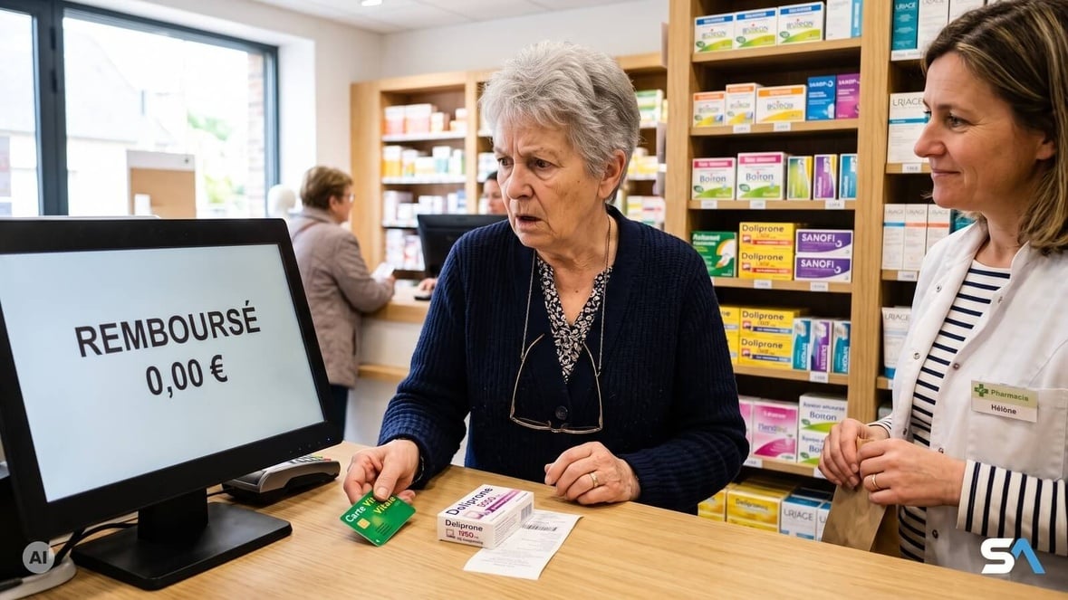 Une femme pose sa carte Vitale au comptoir d'une pharmacie - Illustration générée par IA Une femme pose sa carte Vitale au comptoir d'une pharmacie - Illustration générée par IA