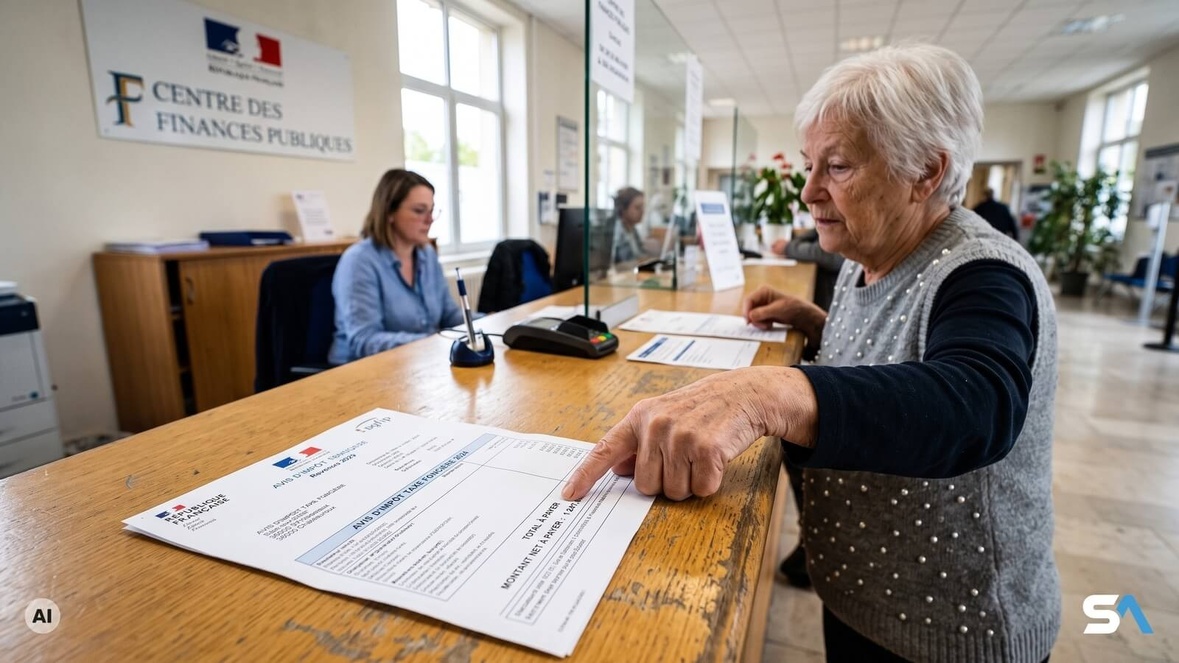 Une retraitée pointe la ligne du montant sur son avis de taxe foncière au guichet - Illustration générée par IA