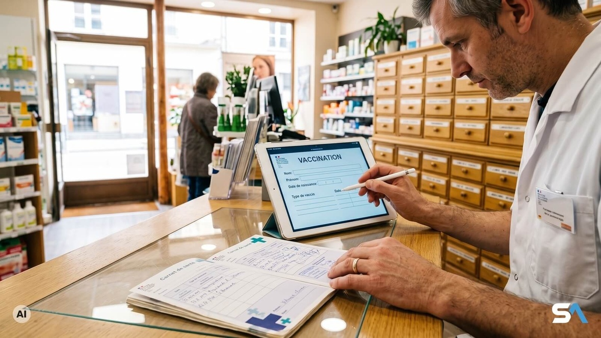 Un pharmacien inscrit un vaccin sur une tablette à côté d'un carnet de santé ouvert - Illustration générée par IA