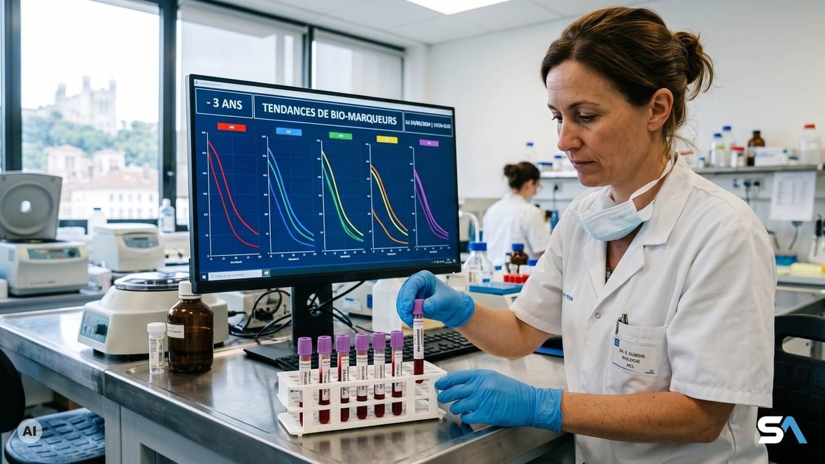 Six tubes de sang alignés devant un écran de courbes dans un laboratoire - Illustration générée par IA