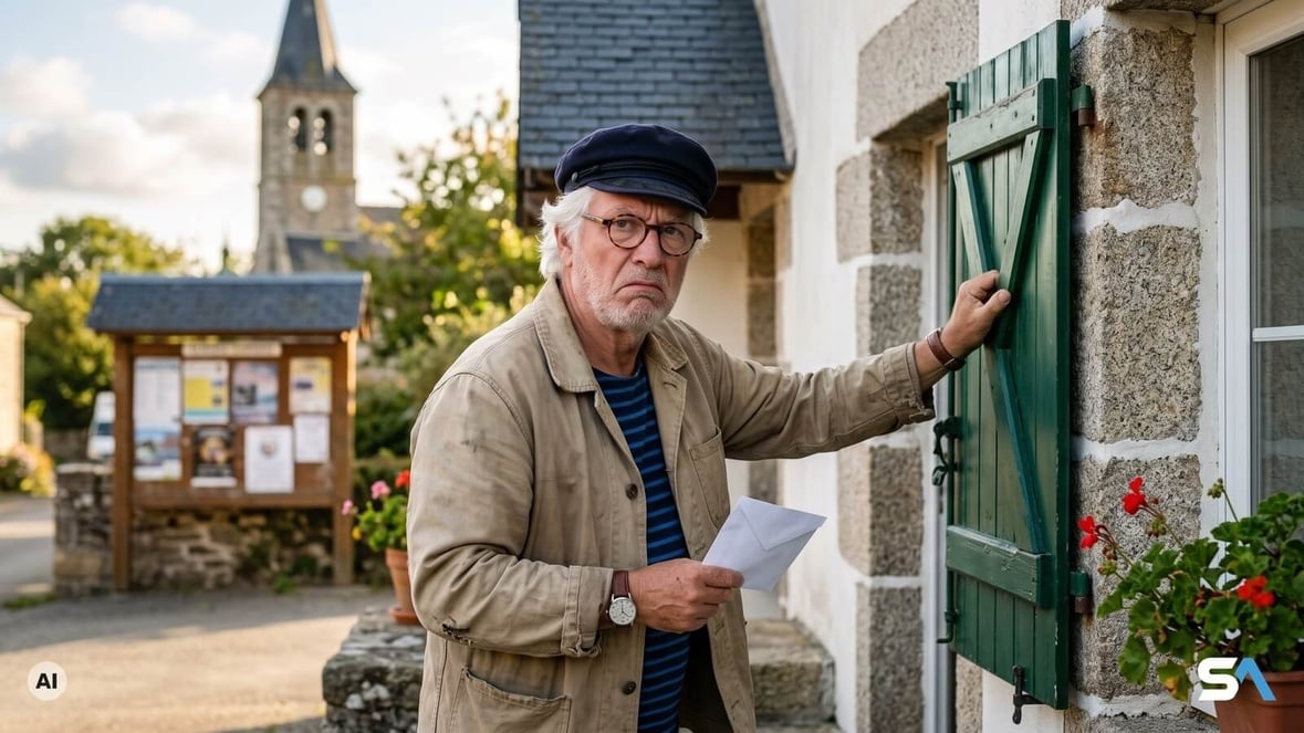 Un homme ferme le volet de sa maison de vacances en Bretagne - Illustration générée par IA Un homme ferme le volet de sa maison de vacances en Bretagne - Illustration générée par IA