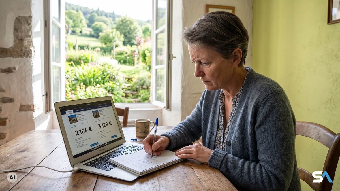 Une femme recopie sur un carnet deux prix d'Ehpad affichés à l'écran - Illustration générée par IA