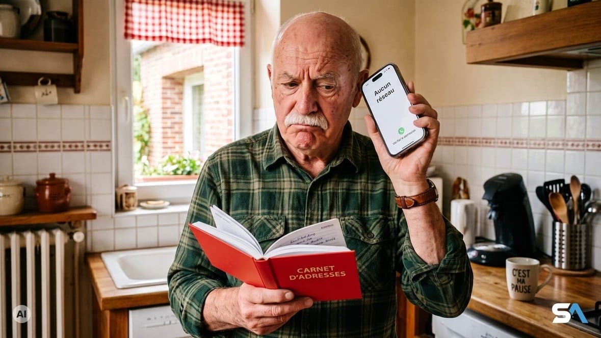 Un homme âgé écarte son téléphone après un appel qui n'aboutit pas - Illustration générée par IA Un homme âgé écarte son téléphone après un appel qui n'aboutit pas - Illustration générée par IA