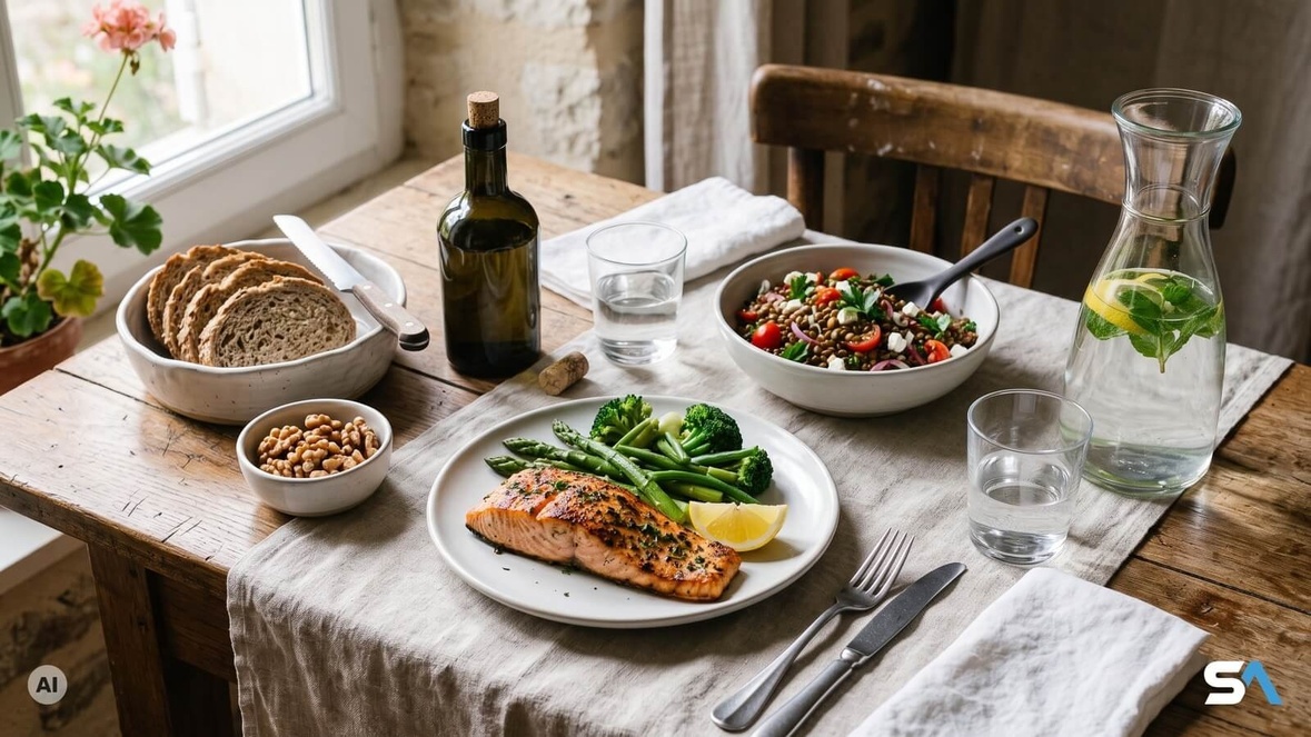Une table en bois dressée avec un pavé de saumon, des légumes verts et une salade de lentilles - Illustration générée par IA