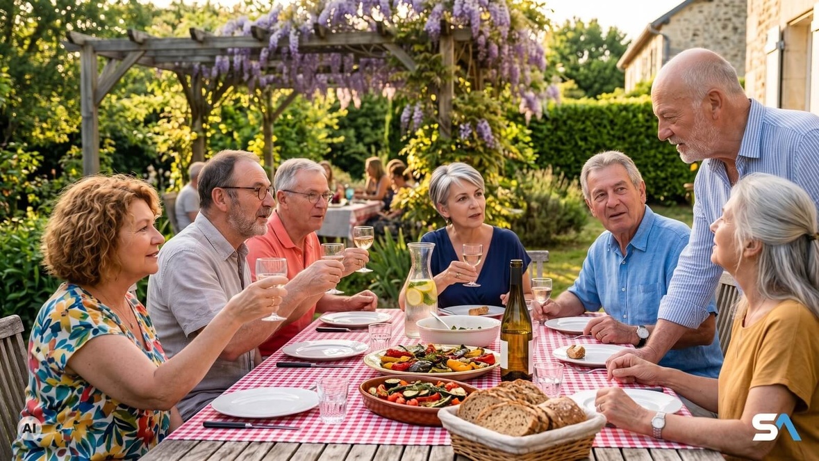 Des seniors trinquent autour d'une table dressée dans un jardin en fin d'été - Illustration générée par IA