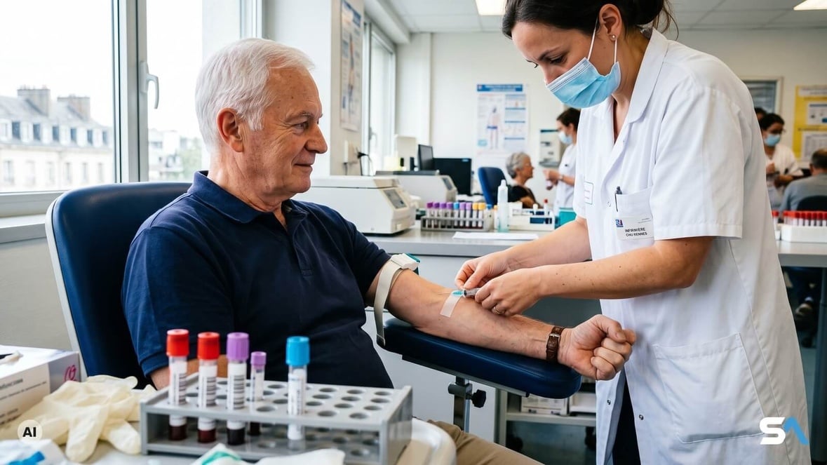 Un senior tend son bras pour une prise de sang au laboratoire - Illustration générée par IA Un senior tend son bras pour une prise de sang au laboratoire - Illustration générée par IA