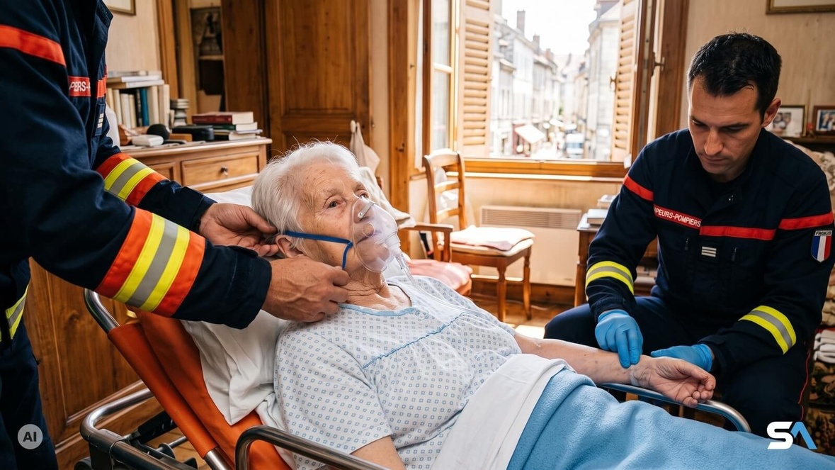Une femme âgée prise en charge par deux pompiers chez elle - Illustration générée par IA
