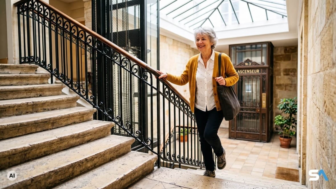 Une retraitée monte l'escalier d'un immeuble à côté de l'ascenseur - Illustration générée par IA Une retraitée monte l'escalier d'un immeuble à côté de l'ascenseur - Illustration générée par IA