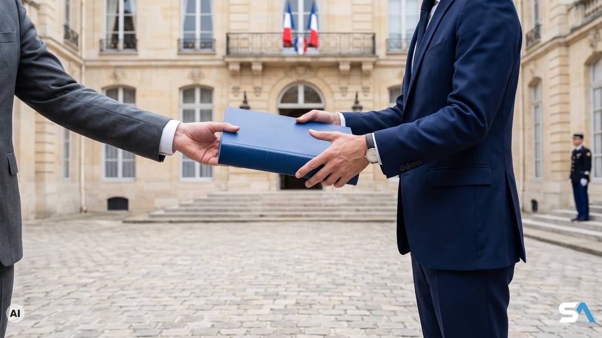 Un rapport épais remis dans la cour de l'hôtel de Matignon - Illustration générée par IA Un rapport épais remis dans la cour de l'hôtel de Matignon - Illustration générée par IA
