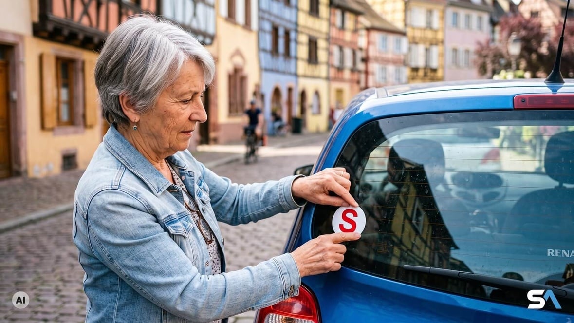 Une conductrice colle un macaron S sur sa voiture - Illustration générée par IA Une conductrice colle un macaron S sur sa voiture - Illustration générée par IA