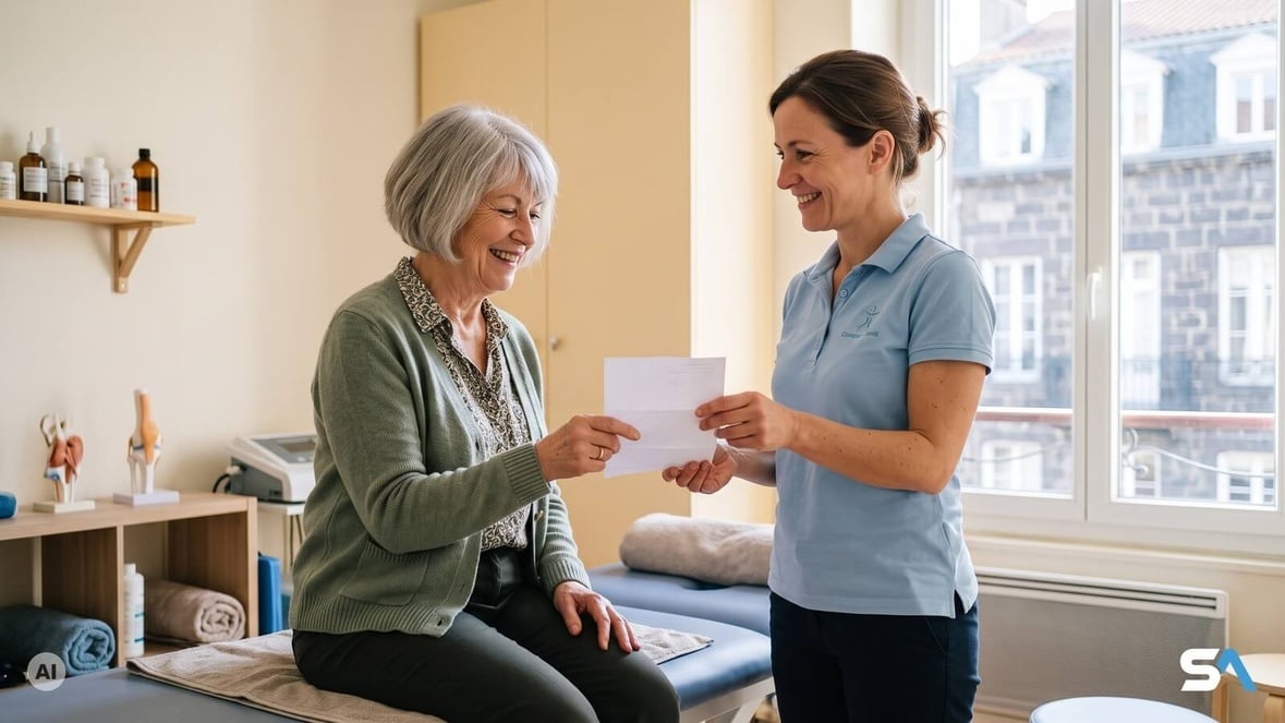 Une kinésithérapeute tend une ordonnance à sa patiente - Illustration générée par IA Une kinésithérapeute tend une ordonnance à sa patiente - Illustration générée par IA
