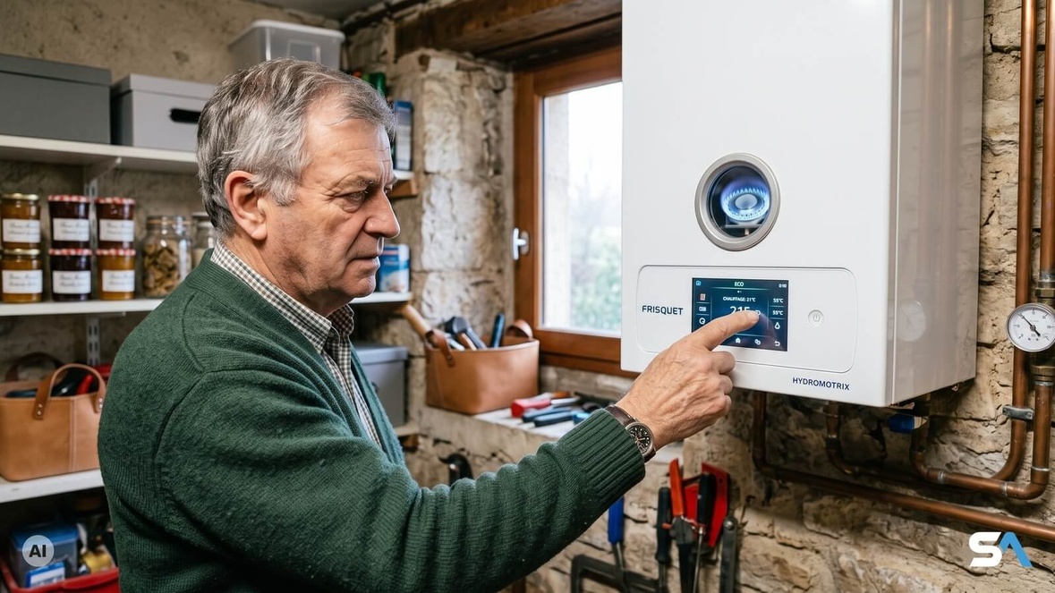 Un retraité règle le thermostat de sa chaudière à gaz - Illustration générée par IA