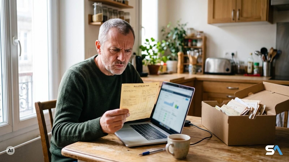 Un homme compare une vieille fiche de paie à son ordinateur portable - Illustration générée par IA