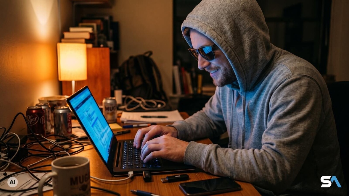 Un pirate informatique copie un fichier sur son ordinateur - Illustration générée par IA