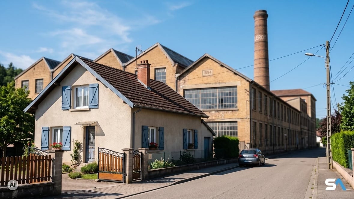 Une maison modeste devant une grande usine familiale - Illustration générée par IA Une maison modeste devant une grande usine familiale - Illustration générée par IA
