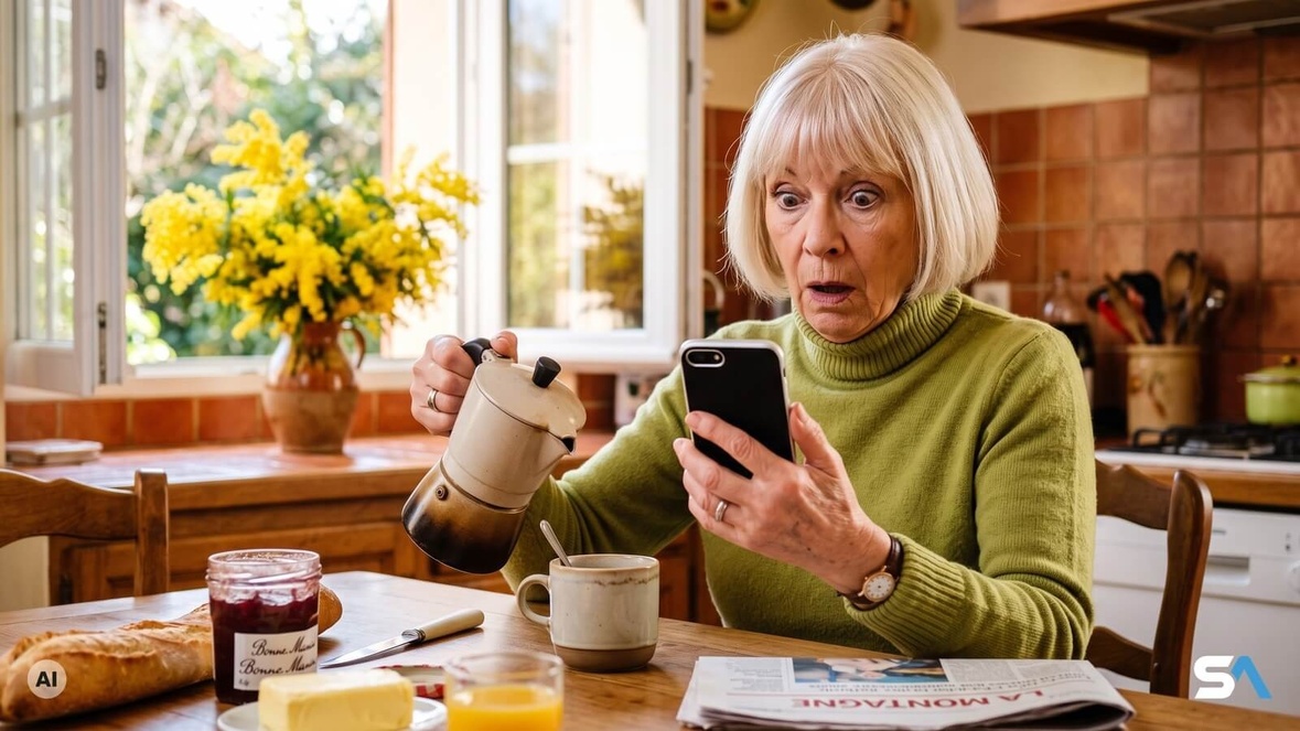 Une retraitée se fige devant son smartphone en servant le café - Illustration générée par IA