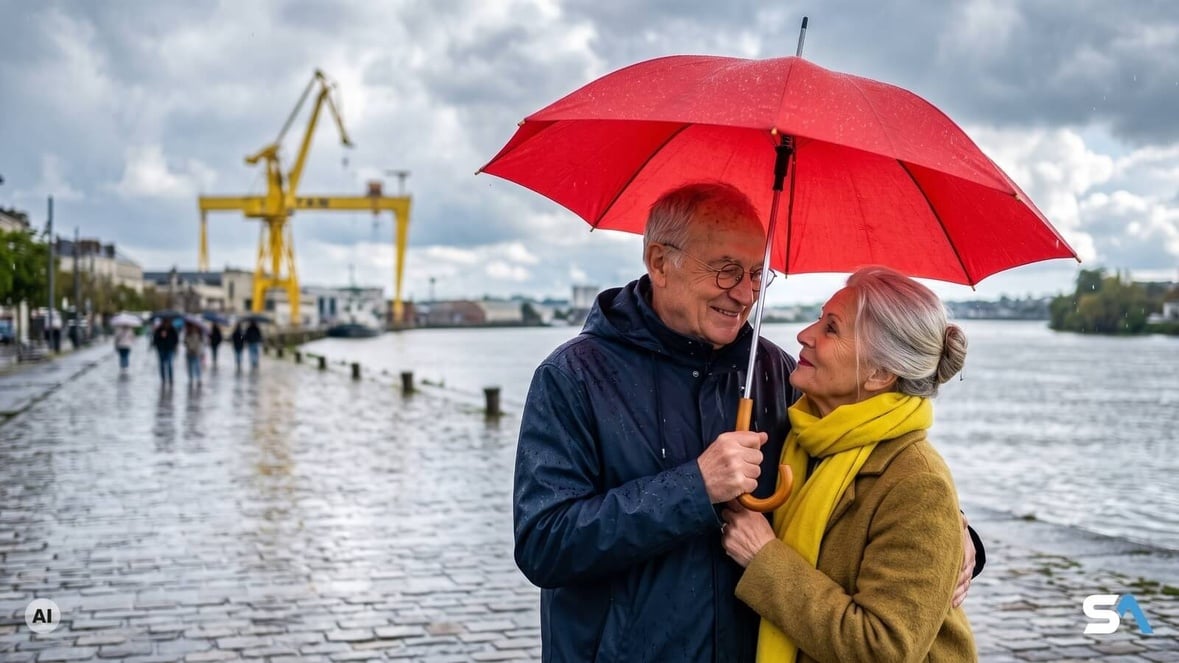 Un couple de retraités partage un seul parapluie sous l'averse - Illustration générée par IA Un couple de retraités partage un seul parapluie sous l'averse - Illustration générée par IA
