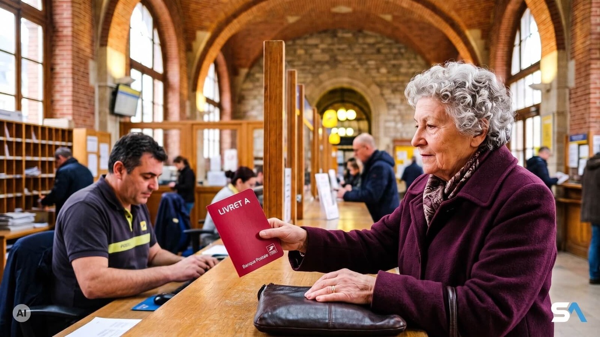 Une retraitée tend son livret d'épargne au guichet de la poste - Illustration générée par IA