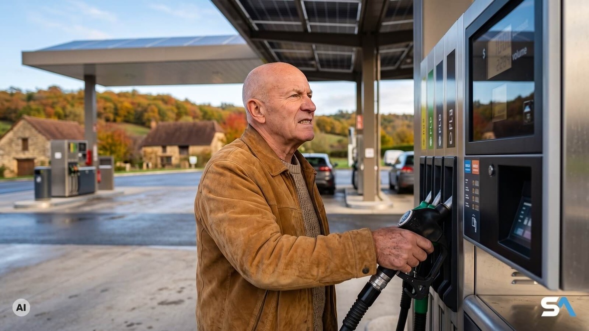 Un retraité raccroche le pistolet d'une pompe à carburant - Illustration générée par IA