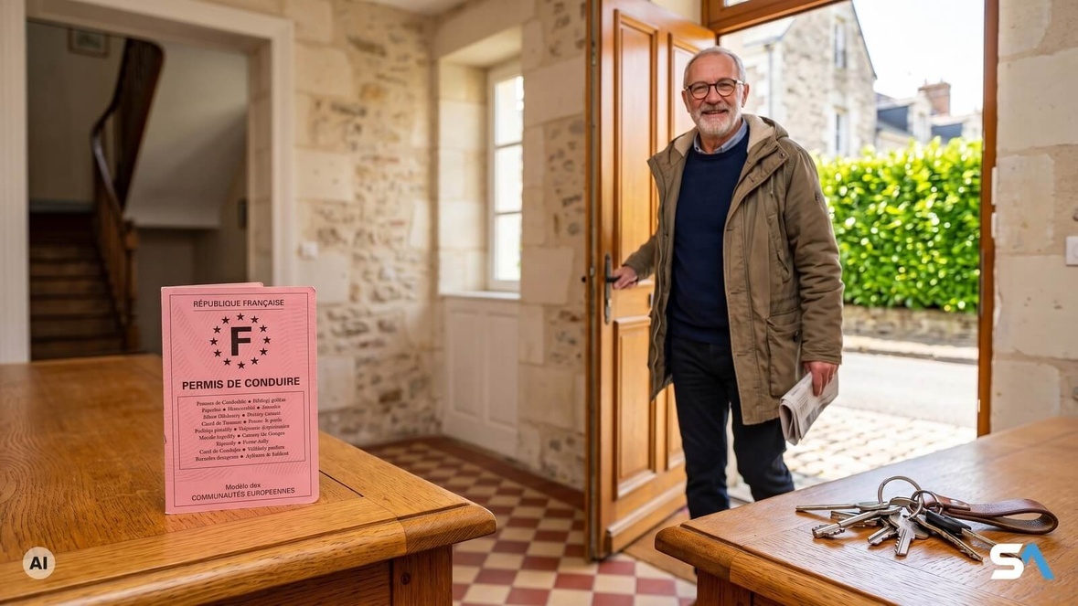 Un retraité sort à pied en laissant son permis de conduire dans l'entrée - Illustration générée par IA
