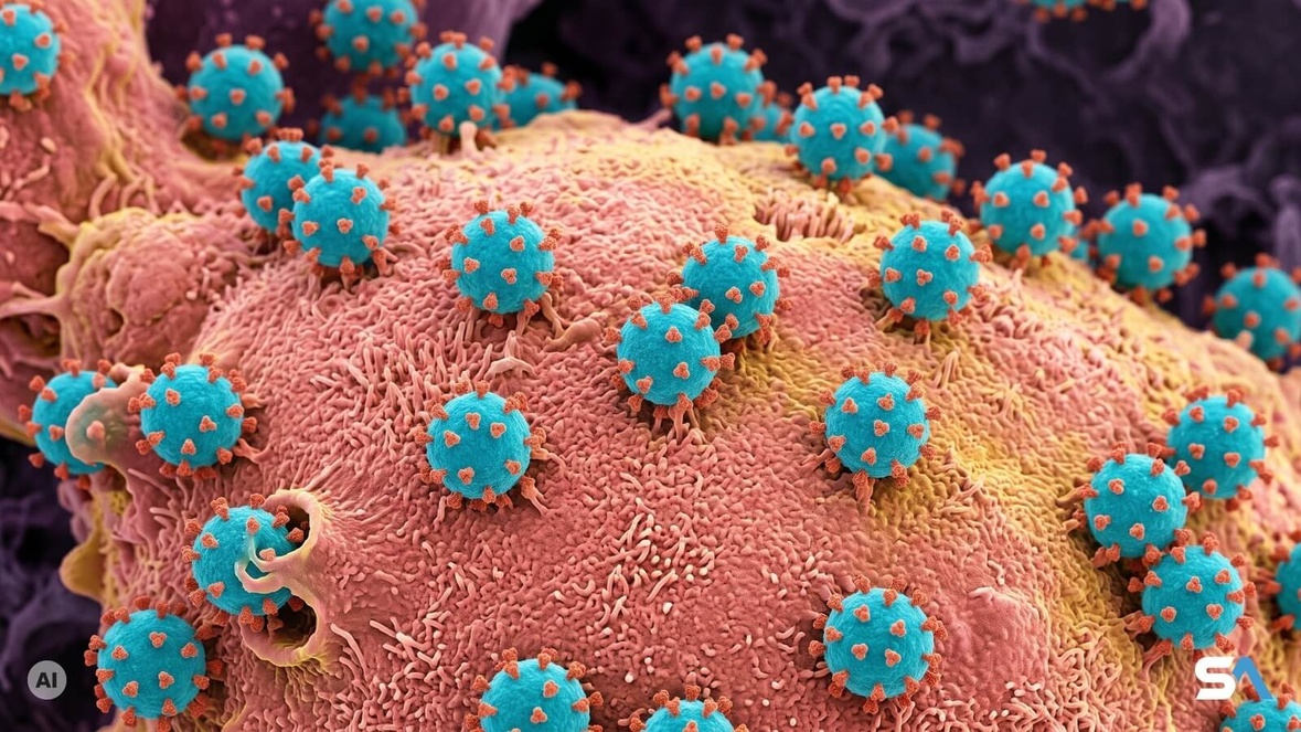 Des particules du coronavirus SARS-CoV-2 accrochées à une cellule respiratoire - Illustration générée par IA