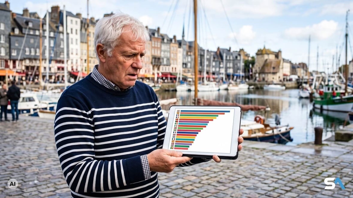 Un retraité découvre un classement de pays sur sa tablette à Honfleur - Illustration générée par IA Un retraité découvre un classement de pays sur sa tablette à Honfleur - Illustration générée par IA