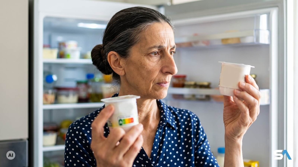 Une retraitée compare deux pots de yaourt devant son réfrigérateur - Illustration générée par IA