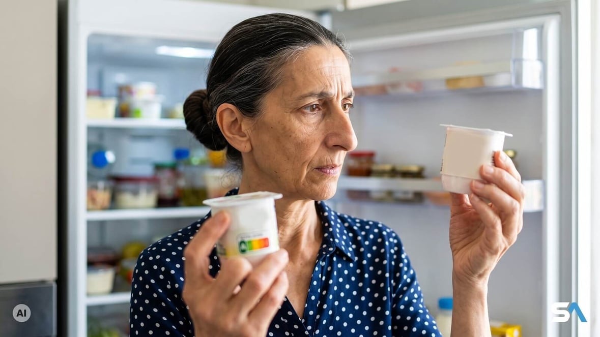 Une retraitée compare deux pots de yaourt devant son réfrigérateur - Illustration générée par IA Une retraitée compare deux pots de yaourt devant son réfrigérateur - Illustration générée par IA