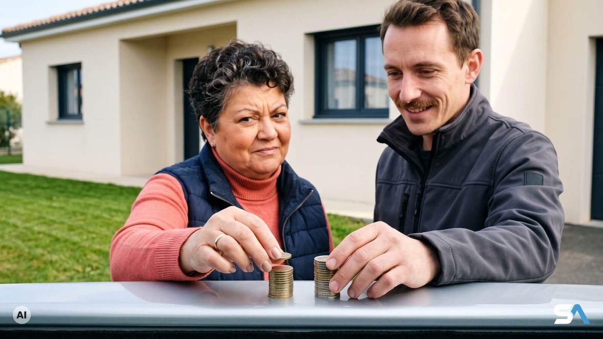 Une retraitée et son fils comparent deux piles de pièces - Illustration générée par IA