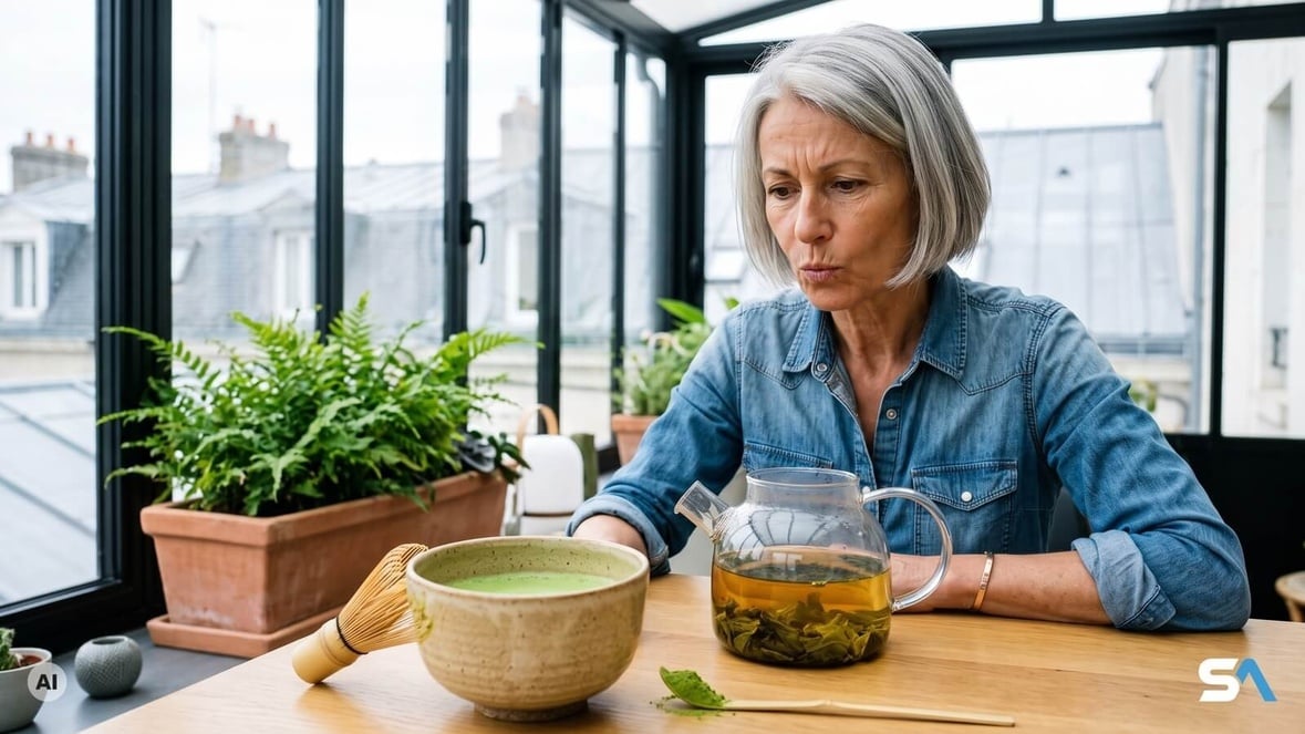 Une retraitée compare sa tasse de matcha et une théière de thé vert - Illustration générée par IA Une retraitée compare sa tasse de matcha et une théière de thé vert - Illustration générée par IA