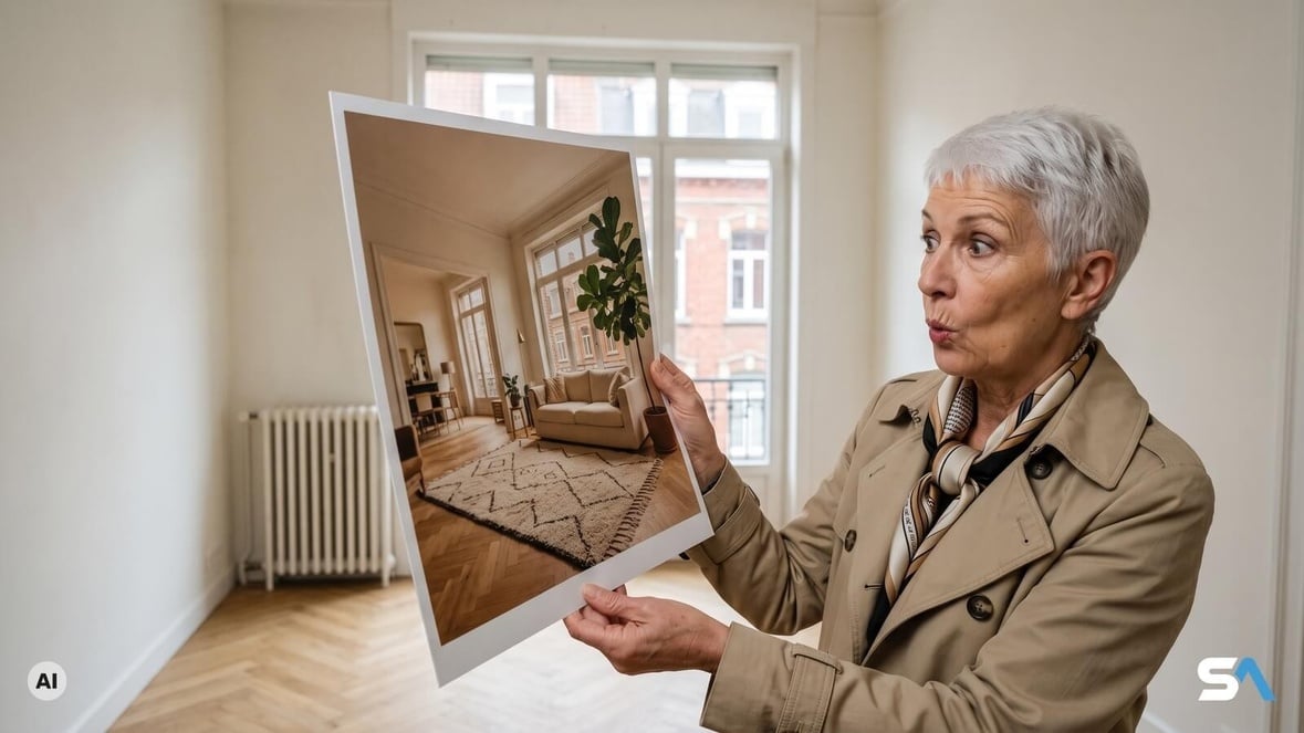 Une acheteuse compare la photo de l'annonce à la pièce réelle - Illustration générée par IA Une acheteuse compare la photo de l'annonce à la pièce réelle - Illustration générée par IA