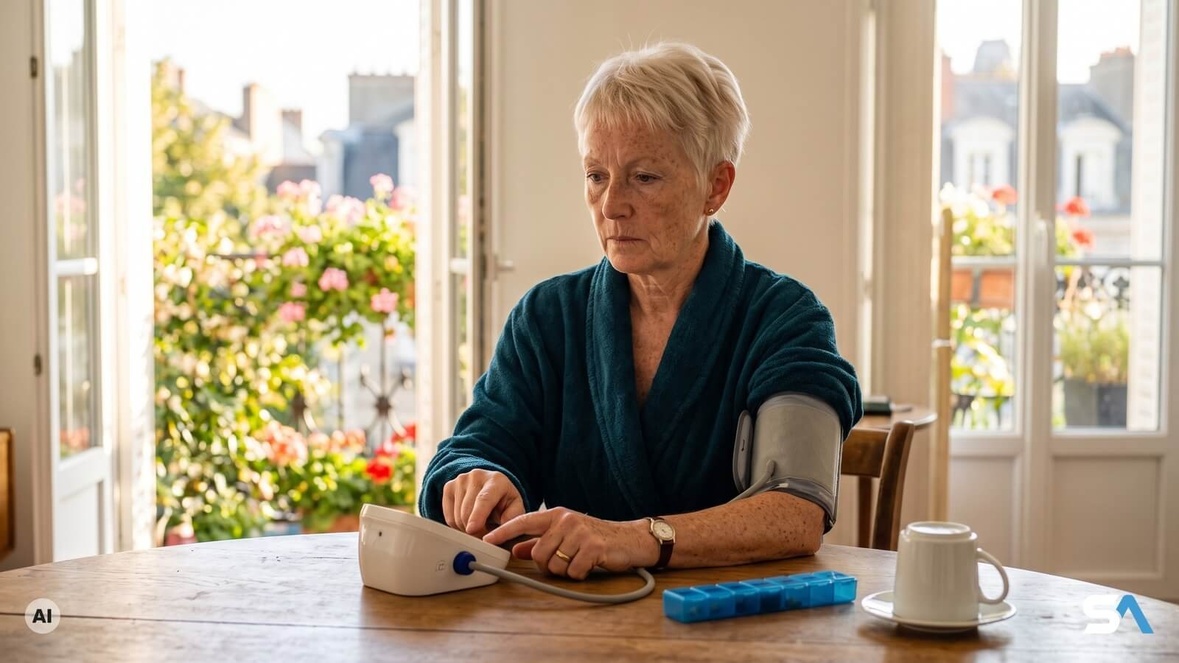 Une femme prend sa tension au bras avant le petit-déjeuner - Illustration générée par IA