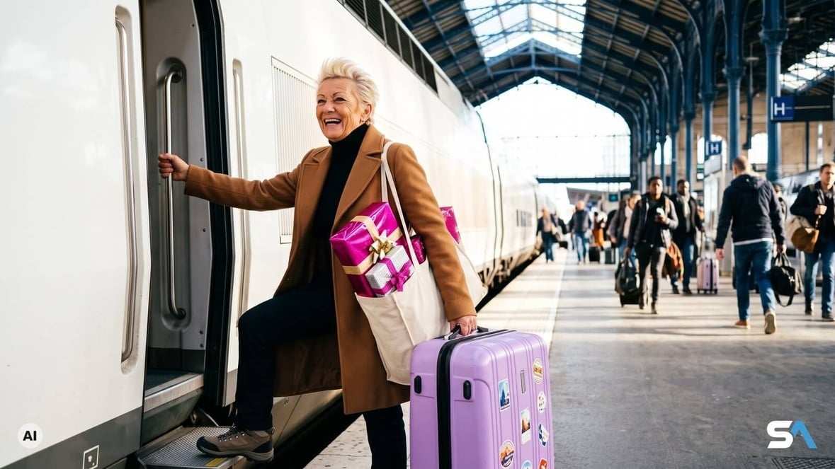 Une voyageuse monte dans un TGV avec ses cadeaux de Noël - Illustration générée par IA