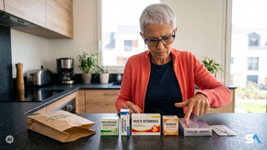 Une retraitée compte ses boîtes de médicaments du mois - Illustration générée par IA Une retraitée compte ses boîtes de médicaments du mois - Illustration générée par IA