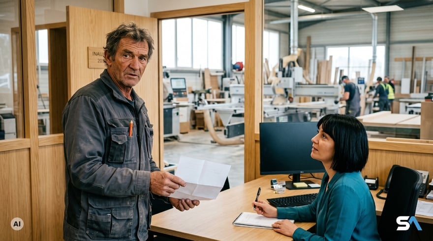 Un ouvrier remet sa lettre de départ à sa responsable - Illustration générée par IA