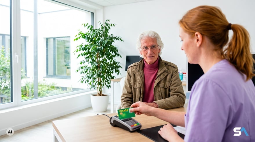 Une médecin généraliste enregistre la carte Vitale d'un patient de 72 ans - Illustration générée par IA