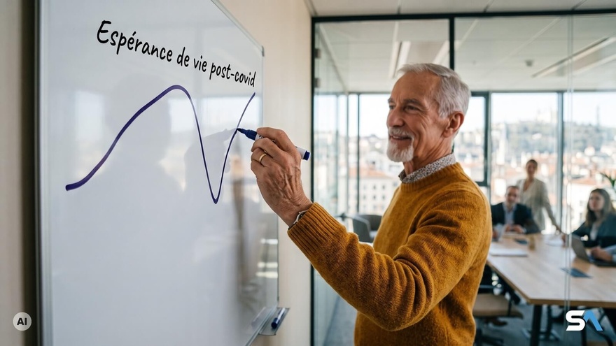 Un professeur d'université trace une courbe de l'espérance de vie qui chute puis remonte presque à son niveau de départ - Illustration générée par IA