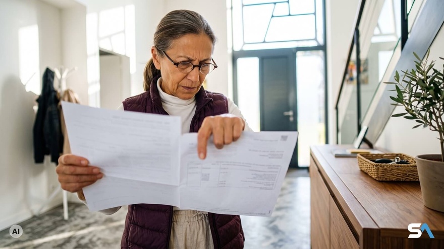 Une retraitée déplie son avis d'impôt dans l'entrée de sa maison - Illustration générée par IA