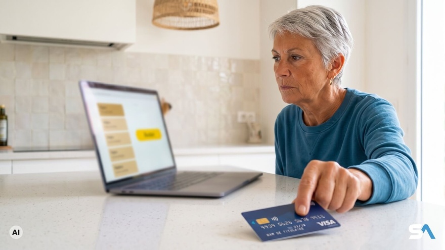 Une retraitée éloigne sa carte bancaire de son ordinateur - Illustration générée par IA