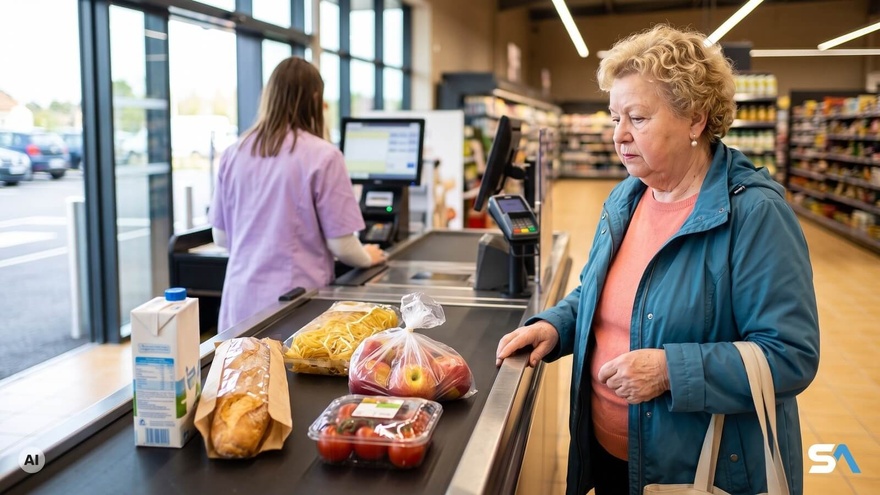 Une retraitée regarde ses courses avancer sur le tapis de caisse - Illustration générée par IA