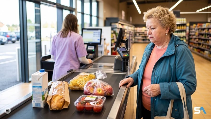 Une retraitée regarde ses courses avancer sur le tapis de caisse - Illustration générée par IA Une retraitée regarde ses courses avancer sur le tapis de caisse - Illustration générée par IA
