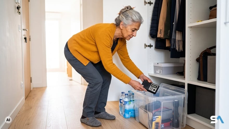 Une femme range son kit d'urgence dans le placard de l'entrée - Illustration générée par IA
