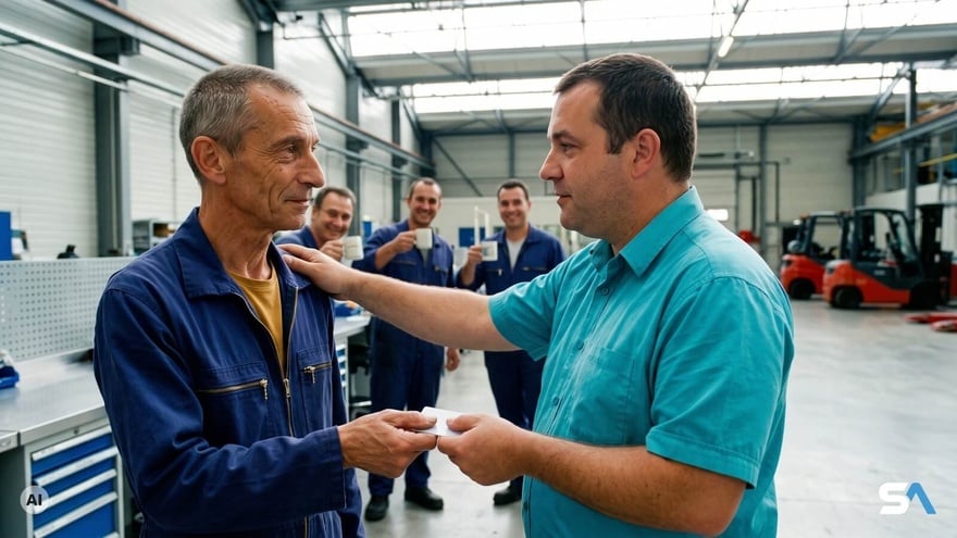 Un technicien remet son badge le jour de son départ à la retraite - Illustration générée par IA Un technicien remet son badge le jour de son départ à la retraite - Illustration générée par IA