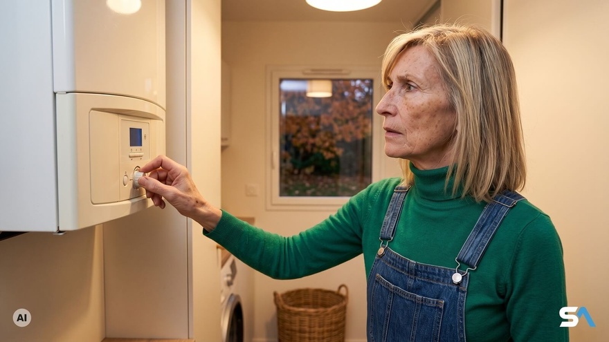 Une retraitée baisse le réglage de sa chaudière au gaz - Illustration générée par IA