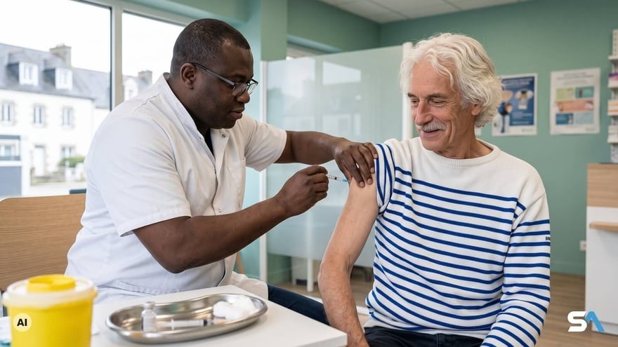 Un pharmacien vaccine un retraité contre le Covid - Illustration générée par IA