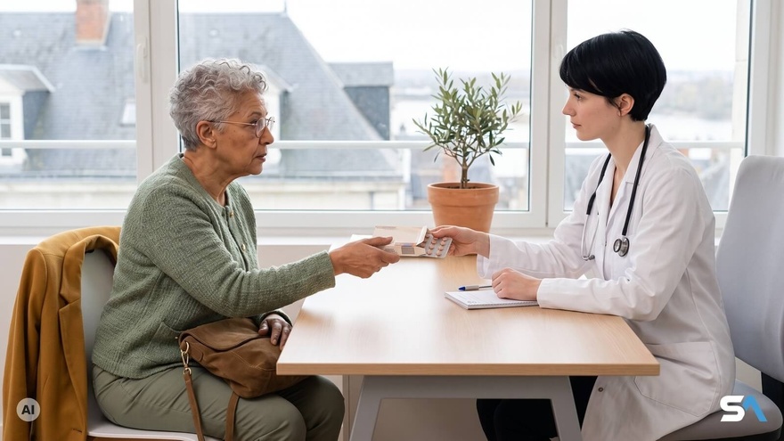 Une femme tend une ancienne boîte de médicament à sa gynécologue - Illustration générée par IA